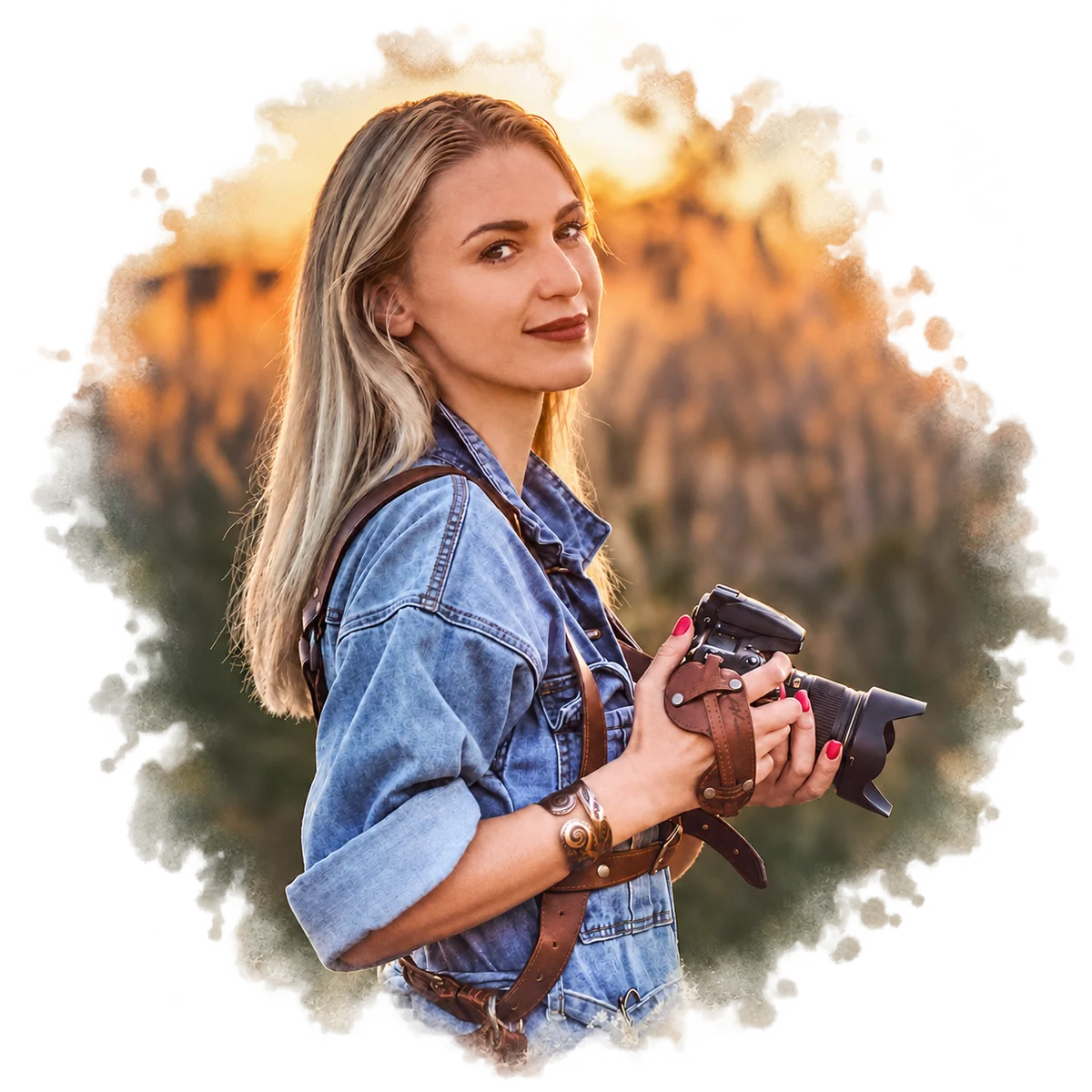 Алёна Литвин с фотоаппаратом на закате